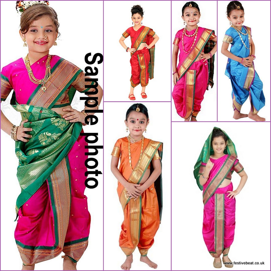 UK Seller- KIDS SAREE Ready Made Pre Stitched Ready to Wear Nauvari Sari  Kashta, Lavani Indian Ethnic Dress Girls Wedding Laxmi Bai Costume