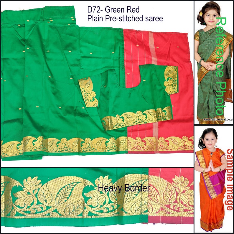 May include: Green and red pre-stitched saree with a gold border and floral design. The saree is shown folded with a matching blouse piece. The text "D72- Green Red Plain Pre-stitched saree" is visible in the image.