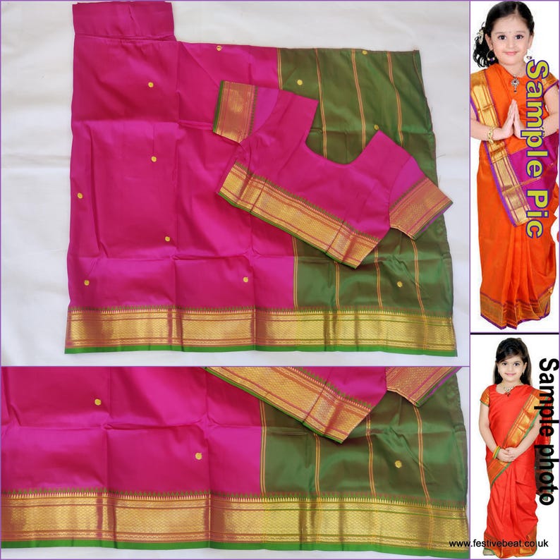 May include: A pink and green saree with gold trim and small gold dots. The saree is folded and displayed with a matching pink blouse. The image includes two sample pictures of a child wearing the saree.
