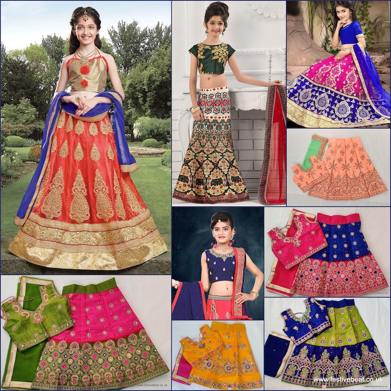 May include: A collage of images showcasing various girls' Indian outfits, including lehengas, cholis, and dupattas. The outfits feature vibrant colors, intricate embroidery, and traditional designs.