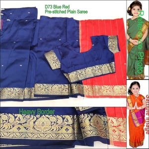 May include: A blue and red pre-stitched plain saree with a heavy gold border. The saree is shown with a matching blue blouse. The text "D73 Blue Red Pre-stitched Plain Saree" and "Heavy Border" is visible in the image.