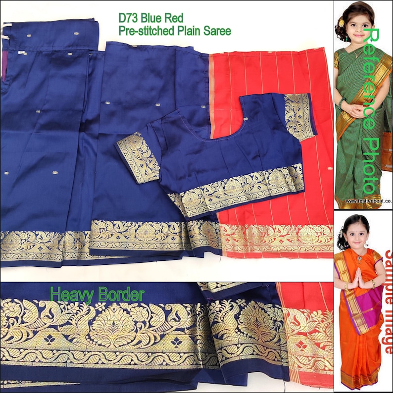 May include: A blue and red pre-stitched plain saree with a heavy gold border. The saree is shown with a matching blue blouse. The text "D73 Blue Red Pre-stitched Plain Saree" and "Heavy Border" is visible in the image.