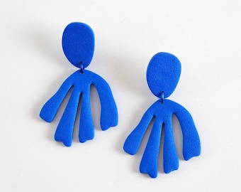 Blue Polymer Clay Earrings, Hypoallergenic Titanium Posts, Non-Pierced Clip On, Lightweight Statement Jewelry