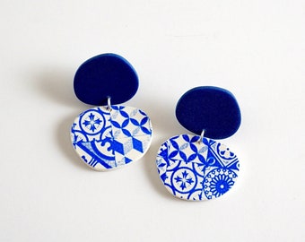 Blue Clay Earrings, Portuguese Tile Polymer Clay Jewelry, Non-Pierced Clip On Earrings For Women, Hypoallergenic Titanium Posts