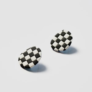 Checkered Clay Studs, Non Pierced Clip On For Women, Titanium Post, Black & White Polymer Clay Earrings,