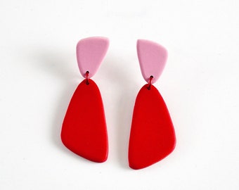 Red & Pink Clay Earrings, Lightweight Polymer Clay Earrings, Nickel Free Titanium Post, Non-Pierced Clip On, Valentines Day Dangles