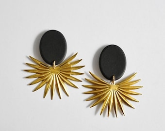 Black Clay & Brass Earrings, Clip On Earrings For Women, Nickel Free Titanium Posts