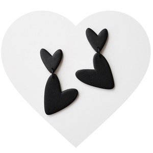 Black Valentine Earrings, Heart Polymer Clay Earrings, Hypoallergenic Titanium Post, Gift Under 20