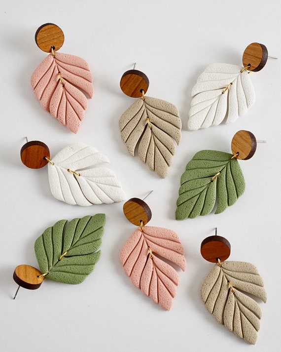 Leaf Polymer Clay Earrings Wood Clay Earrings Titanium Etsy