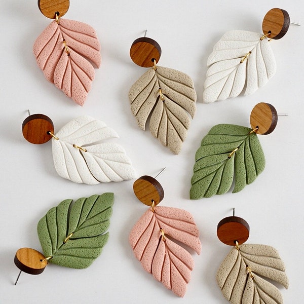 Leaf Polymer Clay Earrings, Wood Clay Earrings, Titanium Posts, Non-Pierced Clip On, Gift For Her. Gifts Under 25