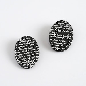Oval Clay Studs, Clip On Earrings For Women, Titanium Posts, Black & White Polymer Clay Earrings