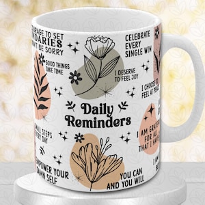 Boho Daily Reminders Mug Wrap: Mental Health Self Love Positive Affirmations PNG (Digital Download)