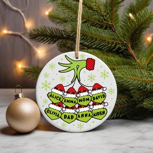 Digital PNG sublimation design for a custom family Christmas ornament, featuring personalized names on a round holiday template.