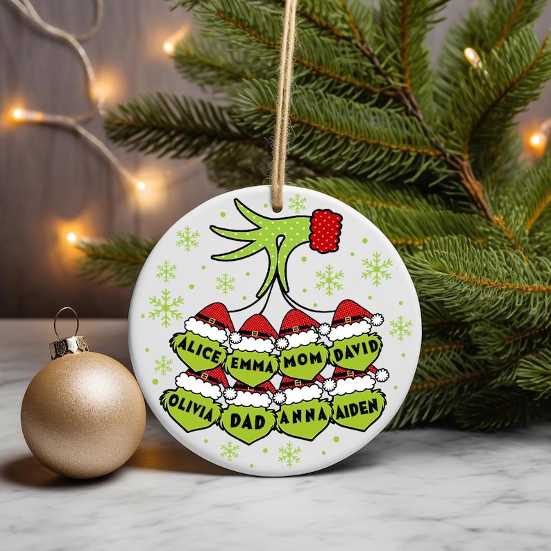 Digital PNG sublimation design for a custom family Christmas ornament, featuring personalized names on a round holiday template.