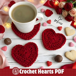 Valentinstag Herz häkeln Untersetzer PDF, 3 Größen Applikationen & Becher Teppich, schnell und einfach Anfänger freundlich, Valentinstag Geschenk Dekor,