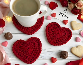 Valentines Day Heart Crochet Coaster Pattern PDF, 3 Sizes Applique & Mug Rug, Quick And Easy Beginner Friendly, Valentine Gift Decor,