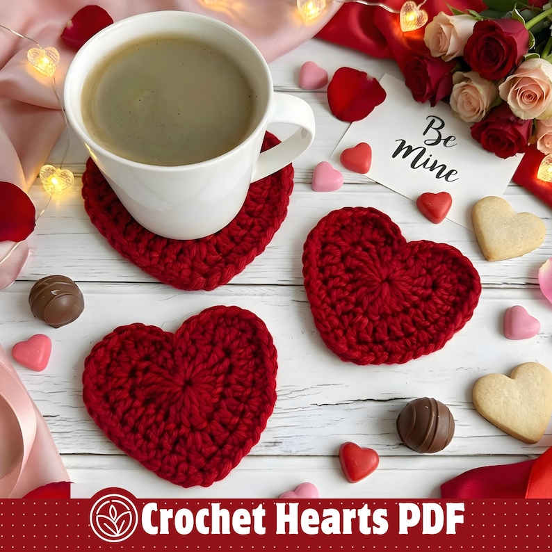 Valentines Day Heart Crochet Coaster Pattern PDF, 3 Sizes Applique & Mug Rug, Quick And Easy Beginner Friendly, Valentine Gift Decor, image 1
