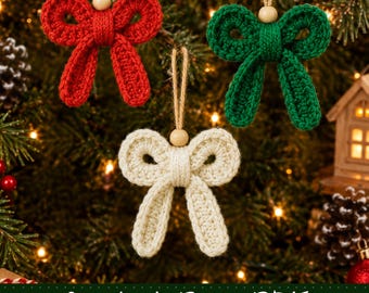May include: Three crochet bow ornaments in red, green, and cream, each featuring a central wooden bead and a jute twine hanging loop. The text "Crochet Bow PDF" is printed in white at the bottom of the image against a dark green background.