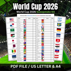 Può includere: Un kit per lotteria della Coppa del Mondo 2026 stampato su carta A4. Il documento presenta una griglia con colonne per i nomi delle squadre, le bandiere nazionali, i nomi dei partecipanti e lo stato dei pagamenti per il torneo.