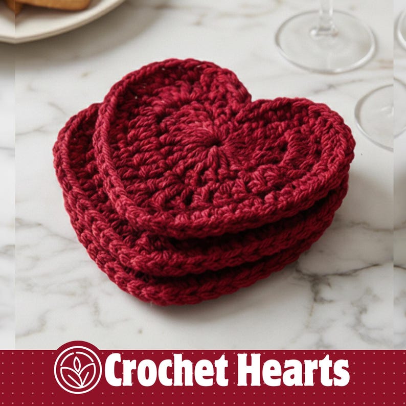 Valentines Day Heart Crochet Coaster Pattern PDF | 3 Sizes Applique & Mug Rug | Quick And Easy Beginner Friendly | Digital Download