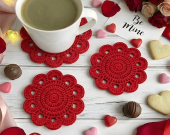 Valentines Day Crochet Coaster Pattern Flower PDF, Romantic Mug Rug, Quick & Easy Beginner Friendly, Valentine Gift Decor,