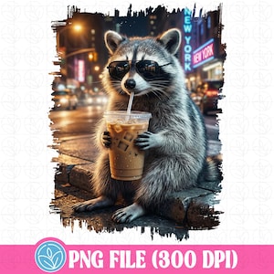 May include: A raccoon wearing sunglasses and drinking iced coffee with a straw, set against a blurred New York City street scene. The raccoon is the focal point, with a clear plastic cup filled with coffee. The image has a digital art style.
