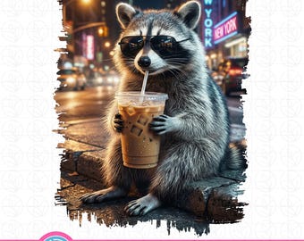 Raccoon Drinking Iced Coffee Png, Funny Animal Meme Png, Gift For Animal Lover, Coffee Raccoon Png