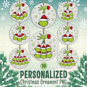 Digital PNG sublimation design for a custom family Christmas ornament, featuring personalized names on a round holiday template.
