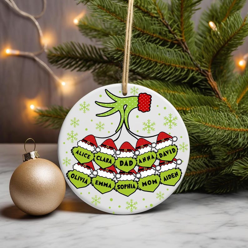 Digital PNG sublimation design for a custom family Christmas ornament, featuring personalized names on a round holiday template.
