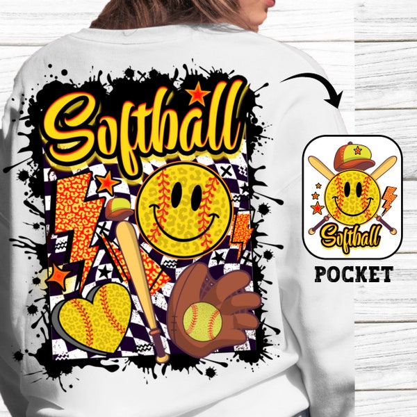 Groovy Retro Softball Mom, Matching Pocket Sublimation Design Png For Shirt Checkered Leopard Smiley Face Vintage Softball Heart Momma Vibes