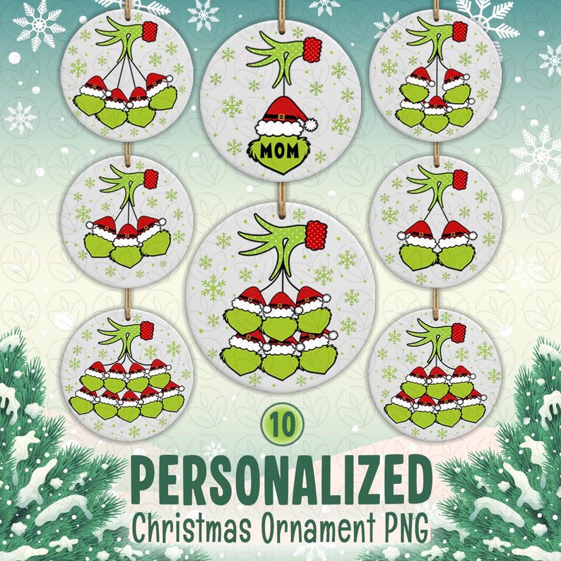 Digital PNG sublimation design for a custom family Christmas ornament, featuring personalized names on a round holiday template.