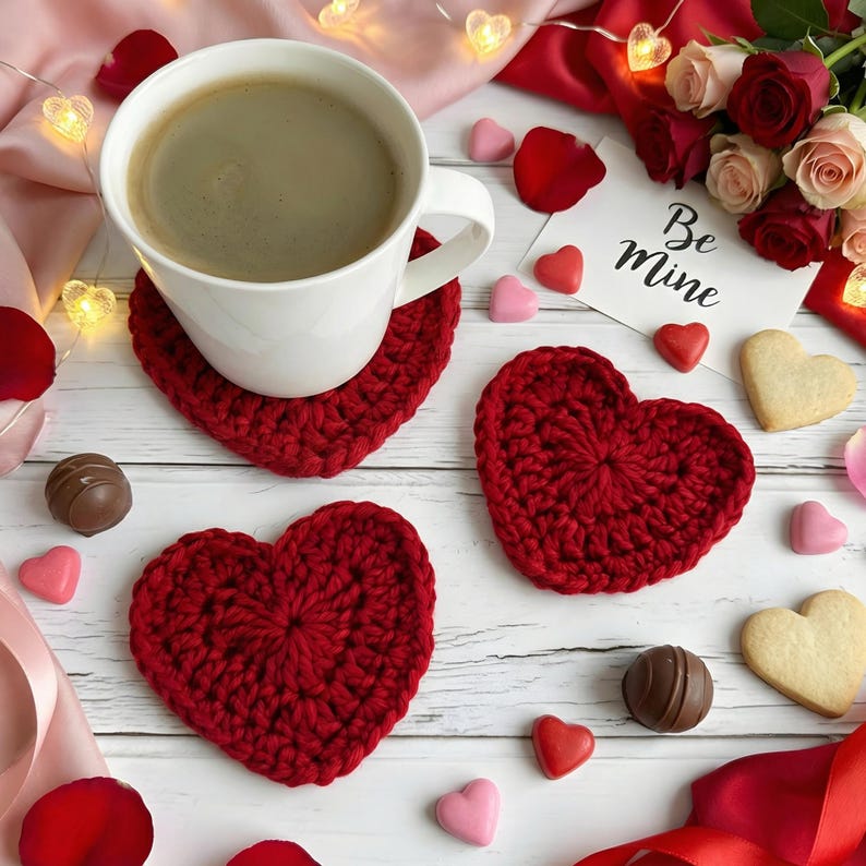 Valentines Day Heart Crochet Coaster Pattern PDF, 3 Sizes Applique & Mug Rug, Quick And Easy Beginner Friendly, Valentine Gift Decor, image 14