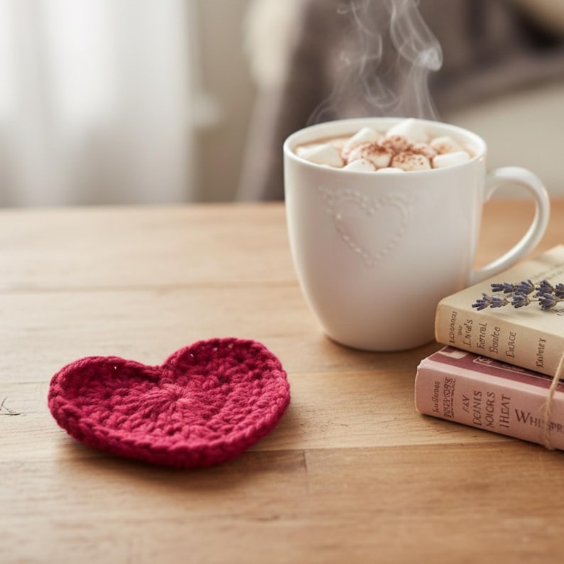 Valentines Day Heart Crochet Coaster Pattern PDF | 3 Sizes Applique & Mug Rug | Quick And Easy Beginner Friendly | Digital Download