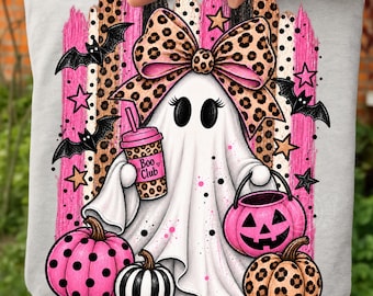 Preppy Ghost PNG, Coquette Bow PNG, Girly Ghost Png, Leopard Halloween Bow PNG, Retro Fall Png, Spooky Cute Png, Sublimation Design