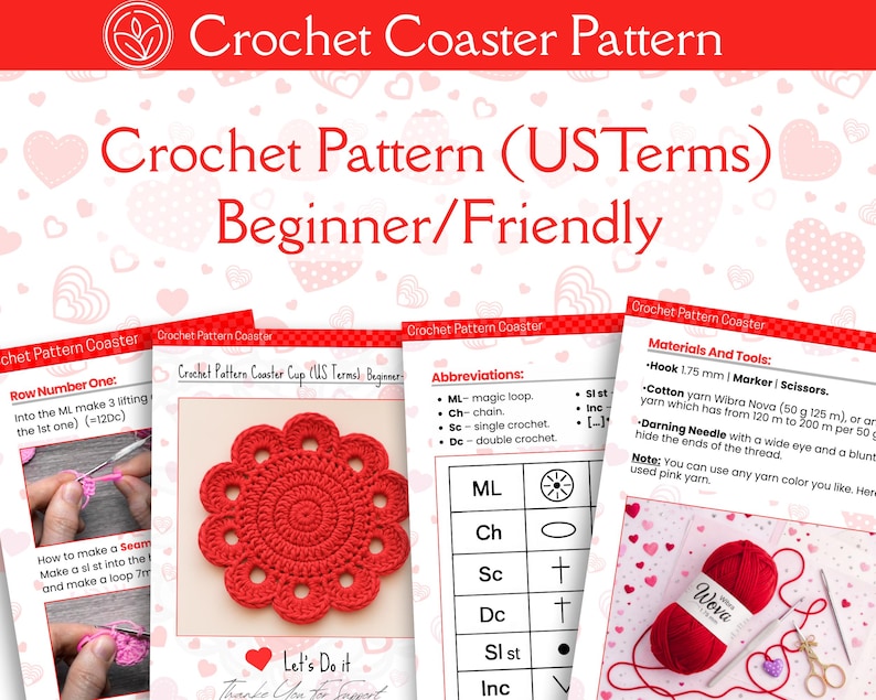 Valentines Day Crochet Coaster Pattern Flower PDF, Romantic Mug Rug, Quick And Easy Beginner Friendly, Valentine Gift Decor,