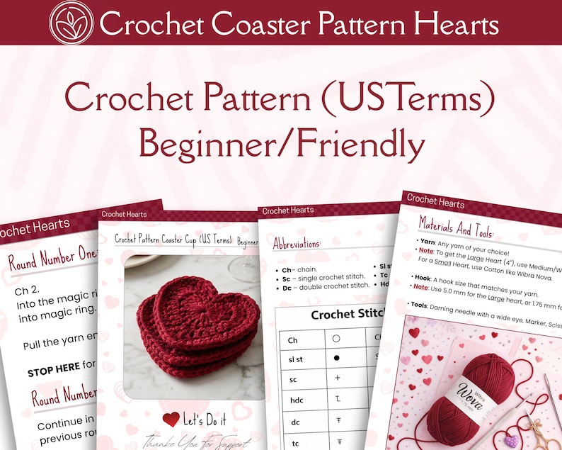 Valentines Day Heart Crochet Coaster Pattern PDF | 3 Sizes Applique & Mug Rug | Quick And Easy Beginner Friendly | Digital Download