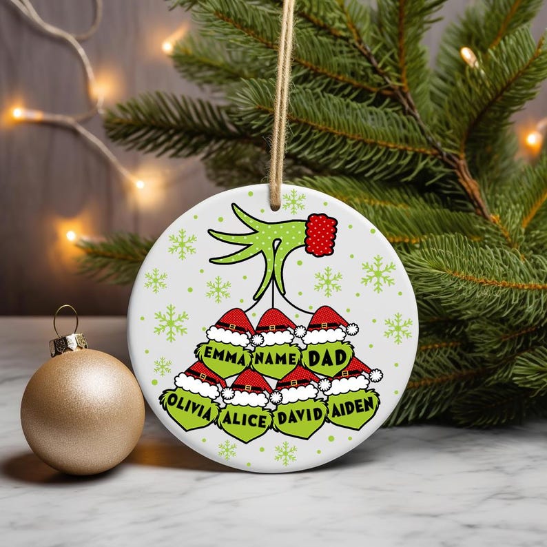 Digital PNG sublimation design for a custom family Christmas ornament, featuring personalized names on a round holiday template.