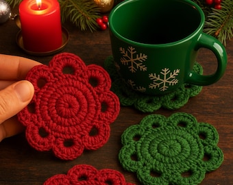 Christmas Crochet Coaster Pattern Flower PDF: Quick & Easy Beginner Friendly (Digital Download)