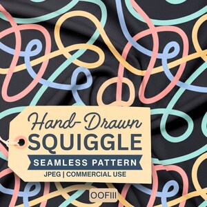 Peut inclure: Un motif sans couture avec des gribouillis dessinés à la main dans des couleurs pastel rose, jaune et bleu sur fond noir. Une étiquette beige avec le texte "Hand-Drawn Squiggle" et "Seamless Pattern" est attachée.