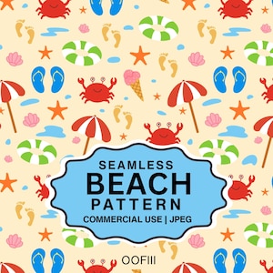 以下が含まれることがあります： シームレスなビーチパターン。赤いカニ、オレンジ色のヒトデ、青いビーチサンダル、緑と白の浮き輪が薄い黄色い背景に描かれています。赤と白の傘、ピンクの貝殻、アイスクリームコーンも含まれています。「SEAMLESS BEACH PATTERN」のテキストが表示されています。