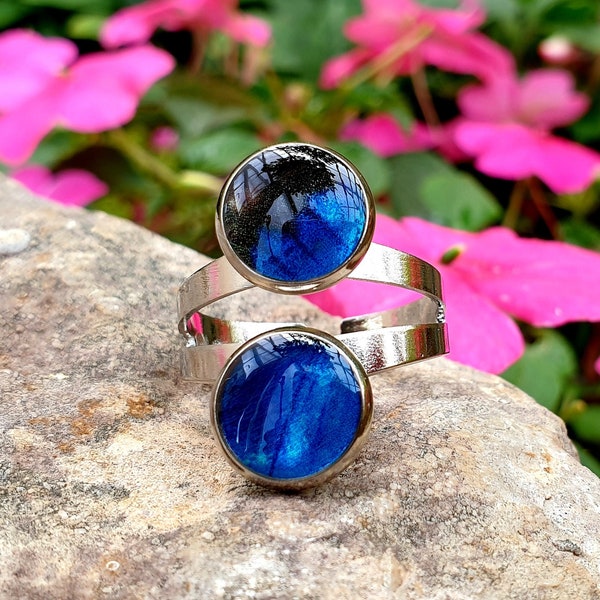 Bague double plateau Morpho bleu