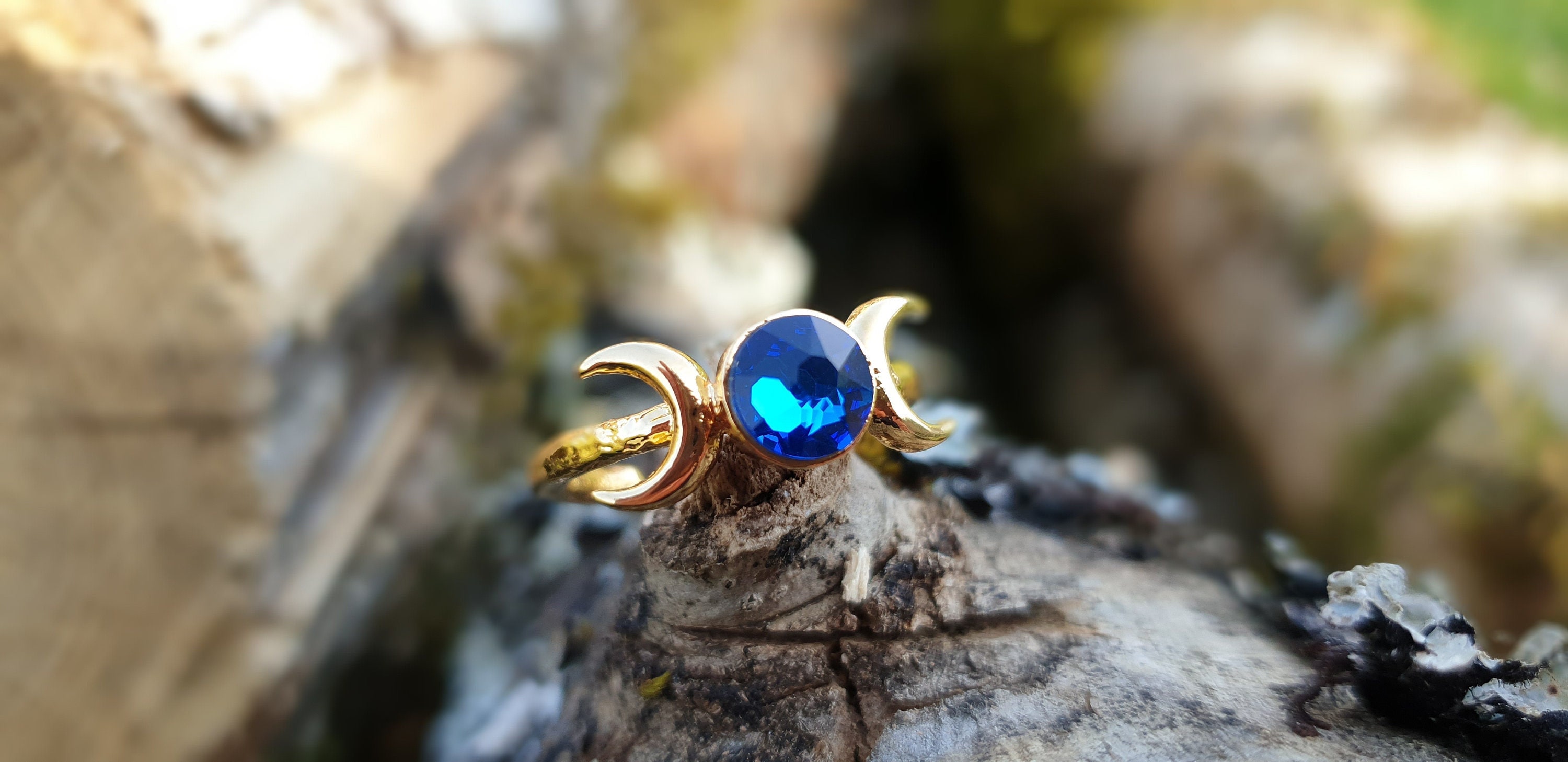 Lunar Cycle ring, blue Swarovski crystal