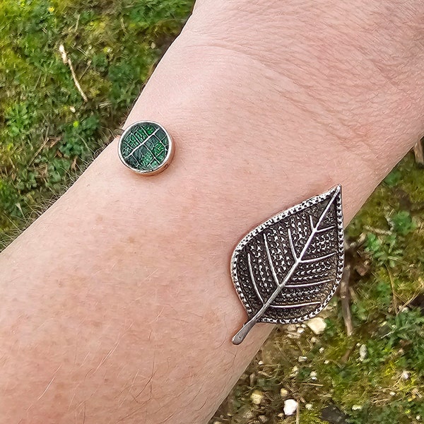 Bracelet manchette Feuille de Hêtre, Nervures de feuille, cabochon résine, nature