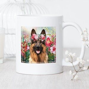 German Shepherd Painting Mug • German Shepherd With Flower Crown • German Shepherd Mug • German Shepherd Watercolor Portrait Mug