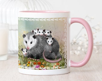 Possum Mom with Babies Mug • Possum Art Mug • Possum Painting Mug • Baby Possum Coffee Mug • Mama Possum with Babies on Back