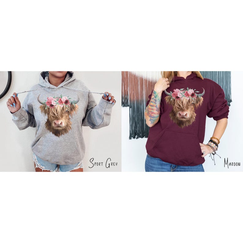 Puede incluir: Dos sudaderas con capucha con un gr&aacute;fico de una vaca Highland coronada con flores. La sudadera de la izquierda es de color gris claro y la sudadera de la derecha es de color granate.