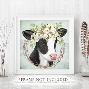 Holstein Calf Art Print • Black and White Calf Painting • Baby Cow Picture • Calf with Flowers Poster • Cute Cow Wall Art