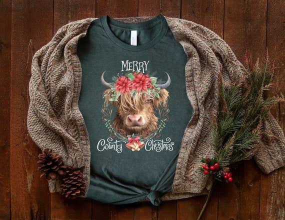 Christmas Highland Cow T-Shirt (available in 11 colors) • Merry Country Christmas • Scottish Cow T-Shirt • Merry Christmas T-Shirt