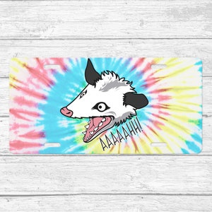 Funny Possum License Plate • Screaming Possum License Plate • Possum Front License Plate • Funny Possum Tie Dye License Plate