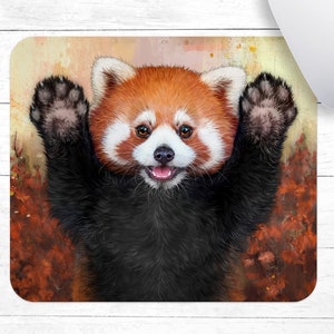 May include: A red panda with black fur and a white chest, with its paws raised in the air, against a background of orange and brown watercolour.